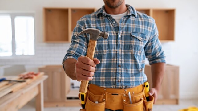 Man with hammer and toolbelt renovating a kitchen, ready for work