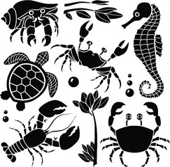 Set of marine life silhouettes including crabs, sea turtle, seahorse and lobster ©  VectorCrazeStock