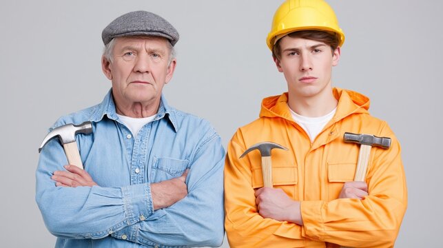 Veteran worker and young newcomer stand side-by-side holding hammers
