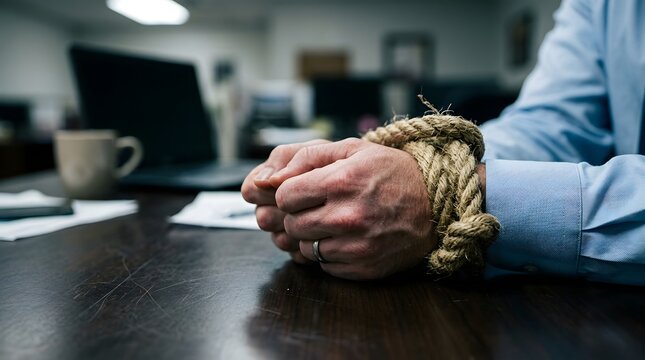 A businessman with weathered hands tightly bound by thick rough brown rope wearing a professional light blue dress shirt while resting his wrists upon a polished dark wooden office desk.