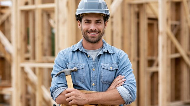 Construction worker in his 20s confidently holding a framing hammer on a job site