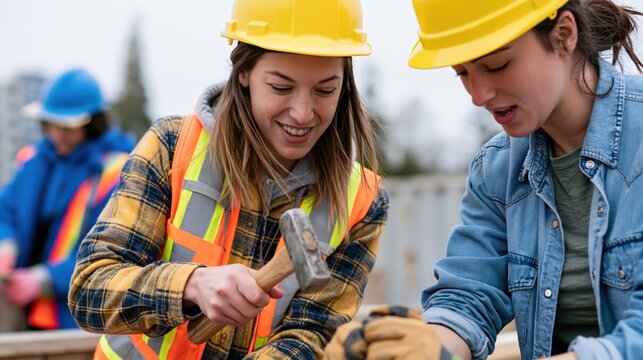 Young women construction workers learning hammer techniques on a job site