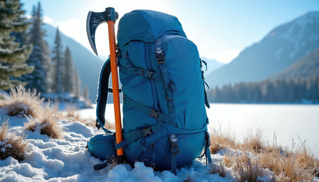 Blue backpack with axe rests on snowy ground near frozen lake. Pine trees and mountains in winter background. Ready for cold weather expedition or survival trip.