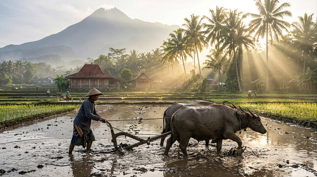 Traditional Farming in Java with Volcano Background
