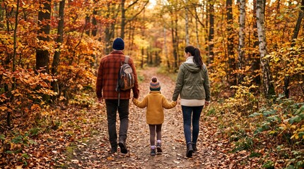 Fototapeta premium Family enjoys a scenic autumn walk through a colorful forest path