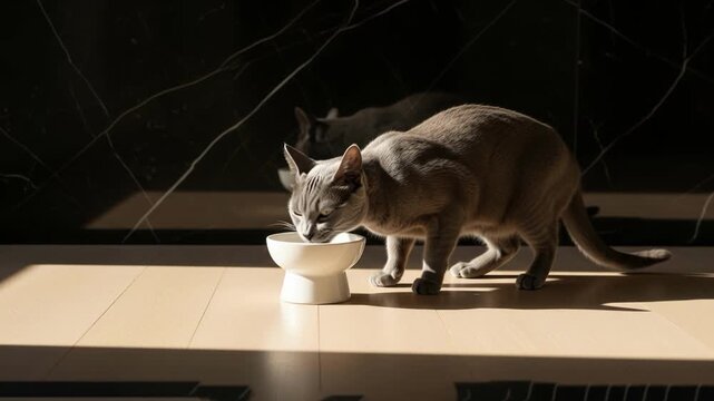 Grey cat drinking from a bowl