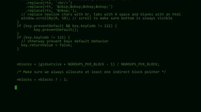 Dark screen displaying green computer programming code, illustrating software engineering, backend development, cybersecurity monitoring, or complex system analysis.