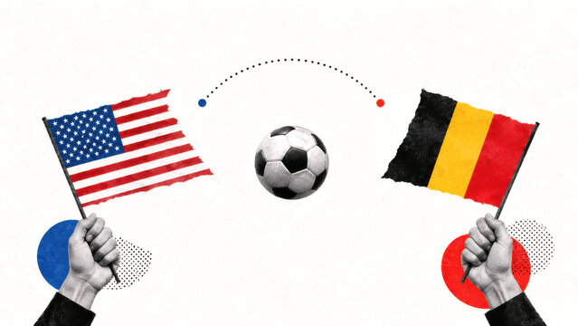 Belgium and USA football match graphic with national flag colours, collage style illustration