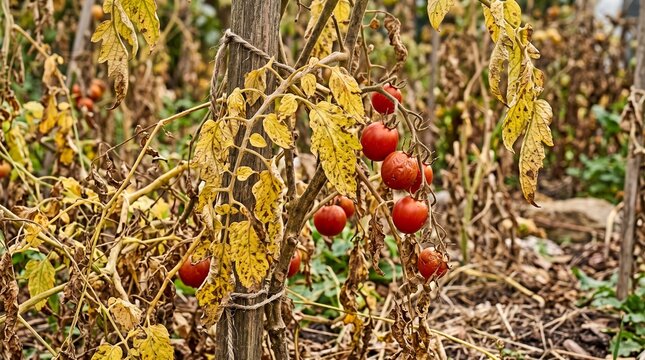 Ripe red tomatoes on a dying plant with yellowing leaves in a garden