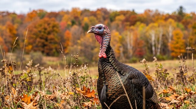 Close-up of a wild turkey with vibrant autumn foliage in the background