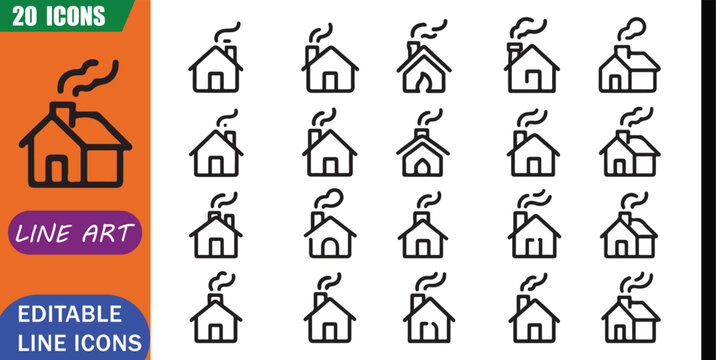 Isolated chimney smoke icons set, 20 editable line art icons set, chimney smoke, fireplace heating, chimney stack house, winter ventilation, home safety theme style, clean outline vector