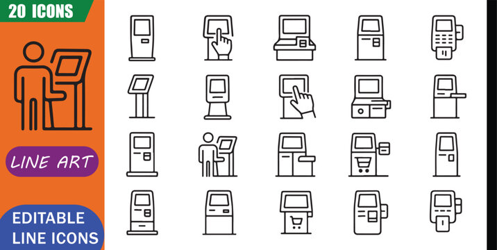 Isolated kiosk icons set, 20 editable line art icons set, kiosk, self service terminal, touchscreen payment, checkout retail automation, customer convenience theme style, clean outline vector