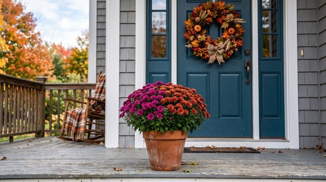 Autumn porch decor with mums and fall wreath on teal blue door