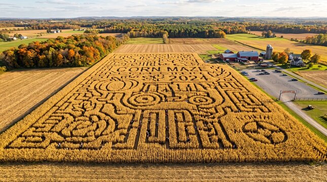 Aerial view of a vast corn maze with "Corn Maze 2024" carved into the stalks