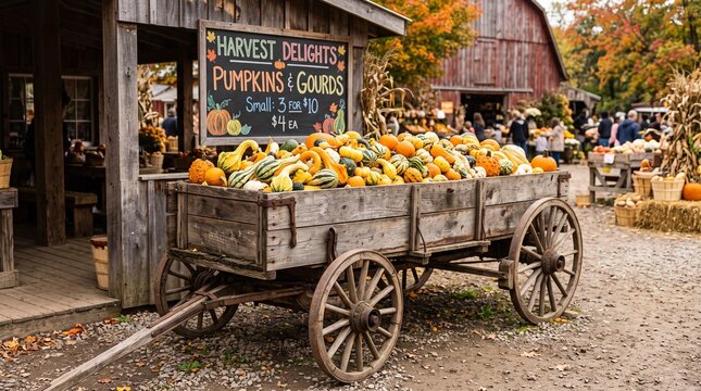 Vintage wooden wagon overflowing with colorful pumpkins and gourds at harvest festival