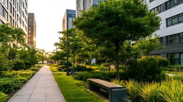 A modern urban park pathway lined with green trees and grass between tall buildings under soft daylight