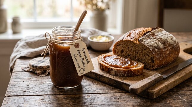 Homemade apple butter in a jar with crusty bread and butter on a rustic table