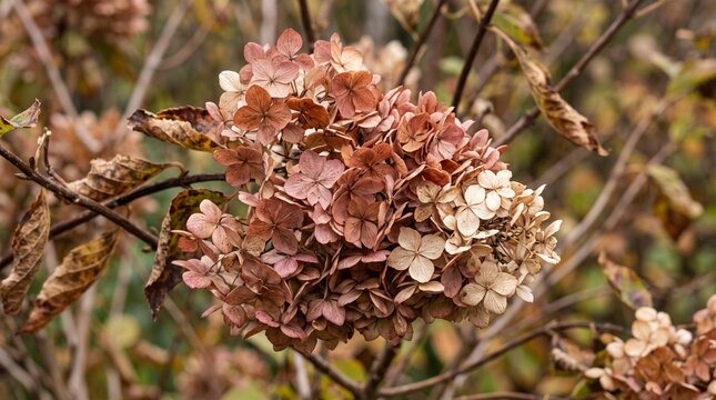 Close-up of dried hydrangea flowers in muted autumnal colors