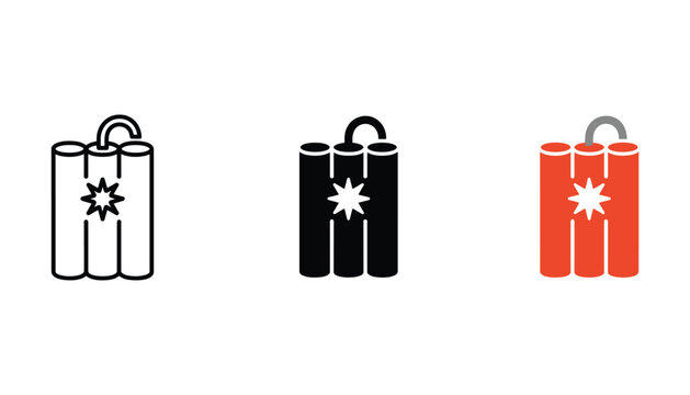 Set of three dynamite explosive stick icons with star emblem in line solid and flat color design styles for game development and action movie production visual asset collections
