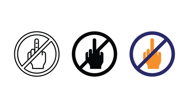 Prohibited middle finger gesture icon set in line solid and flat color styles representing restricted behavior offensive content filtering and social media moderation UI elements