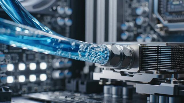 Close-Up View of Liquid Cooling System in a High-Performance Server with Transparent Tubing and Advanced Components