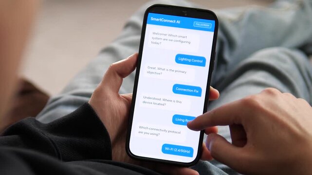 Set up your smart home easily. Person using AI chatbot to configure lighting via smartphone. Sequence shows successful cloud sync. Great for home automation and modern lifestyle promos. 4K high