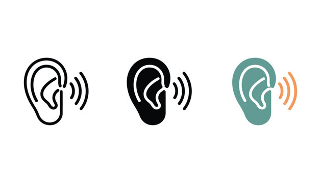 Set of three human ear with sound wave signals icons in line solid and flat color design styles for audio communication and hearing aid product interface or medical web design