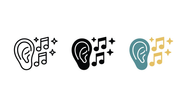 Set of three human ear with musical notes and sparkles icons in line solid and flat color design styles for audio streaming service and sound engineering web interface elements