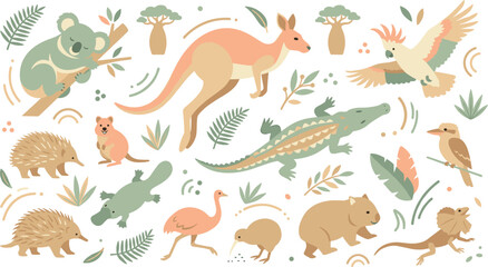 Boho Australian Wildlife Vector Element Set Featuring Kangaroo, Koala, Wombat, Platypus, Emu, and Crocodile in Pastel Colors for Nursery and Graphic Designs © Mst