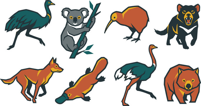 Geometric Australian and Oceania Wildlife Vector Icon Set Featuring Koala, Tasmanian Devil, Platypus, Wombat, Dingo, Emu, Ostrich, and Kiwi Bird for Creative Designs