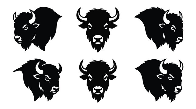 Set of bison head silhouettes in various angles
