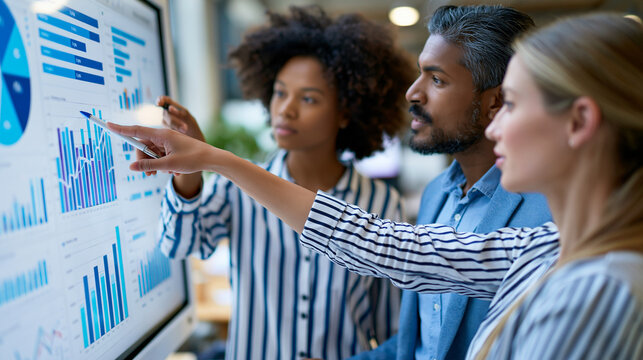 Faceless happy diverse corporate business team analyzing complex financial data charts on large interactive digital whiteboard during creative office strategy meeting, analytics
