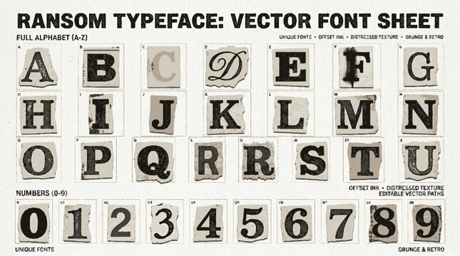 Ransom note style vector alphabet and numbers set with distressed texture effects