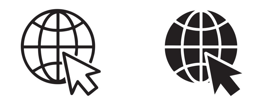 Set of black web icons showing globe with mouse arrow cursor on transparent background isolated.