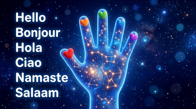 Hello Bonjour greeting banner with futuristic neon glowing abstract hand constellation shape and colorful hearts on fingertips over starry night sky space background vector illustration