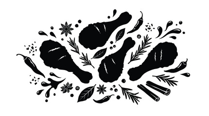 Fried chicken legs with spices and herbs silhouette on transparent background © lutfadi