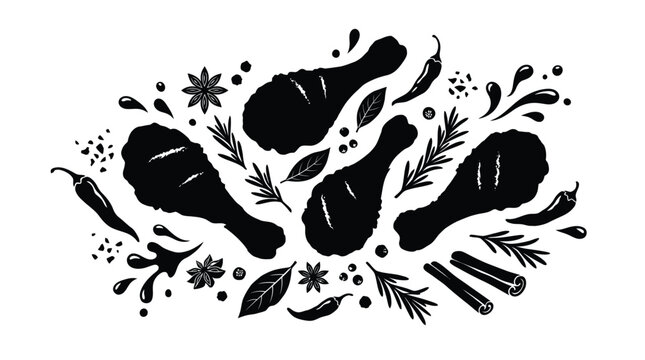 Fried chicken legs with spices and herbs silhouette on transparent background