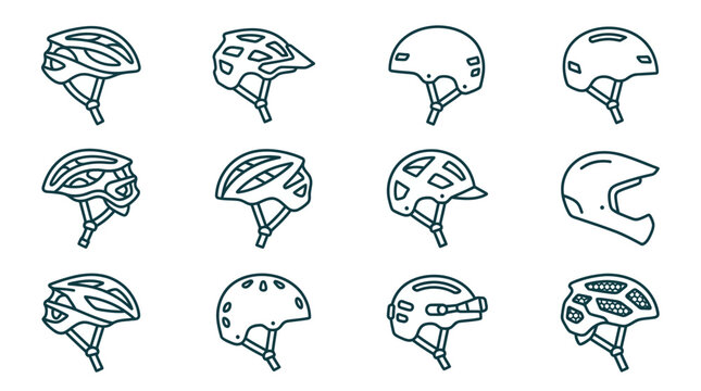 Cycling and mountain bike helmet line icons.