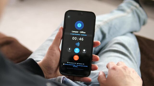 Secure mobile phone call screen showing a sustained connection to a lawyers office. The user engages in a 50-second privileged conversation with privacy protection indicated.