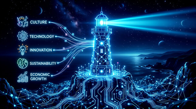 Lighthouse business infographic banner with futuristic neon glowing digital lighthouse emitting light beams connected to icons for culture technology innovation sustainability and economic growth vect