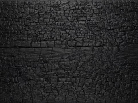 Close-up of heavily charred and cracked black wood surface texture.
