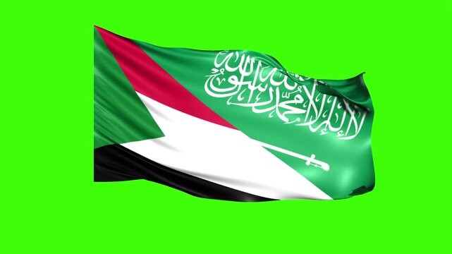 Animated Looping Super Wavy Flag of Saudi Arabia and Sudan Isolated on Green Screen