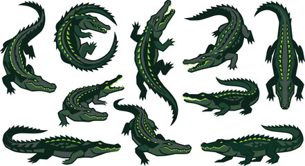 Dark Crocodile and Alligator Mascot Vector Element Set with Glowing Green Scale Highlights Featuring Aggressive Poses for Esport and Creative Graphic Designs © Mdsahidul