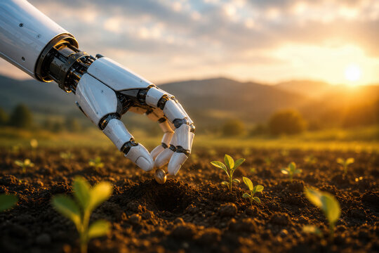 Robotic hand nurturing a young plant in fertile soil at sunrise. Perfect for AI, sustainability, agriculture, and innovation marketing.
