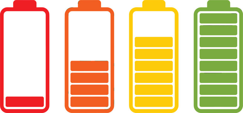 Battery charge indicator status level icon vector set, low empty half full energy power template graphic