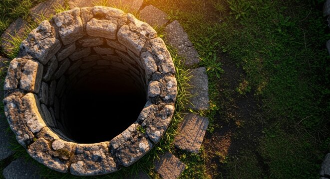 Overhead view of an old stone well shaft with weathered texture and surrounding grass, bathed in golden hour sunlight.