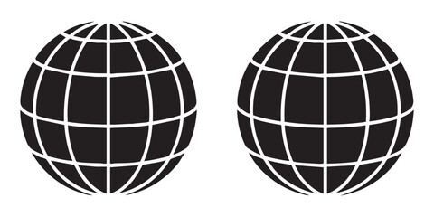 Set of minimalist dark globe icons representing earth planet shape for graphic design collections. © MD