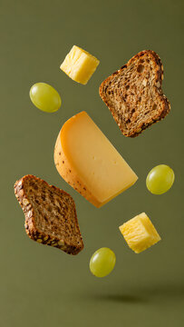 Floating gouda cheese wedge with seeded bread slices pineapple chunks and green grapes on olive green gourmet snack scene with soft light shadows