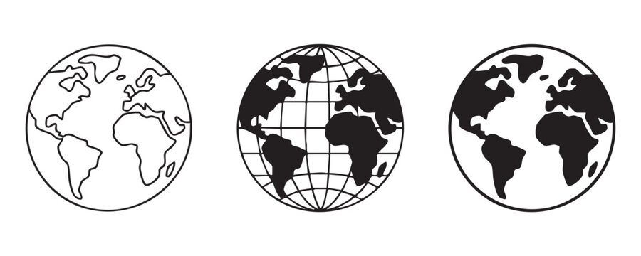 Collection of world globe map icons with diverse artistic outlines and solid fills for presentation.