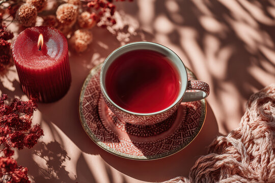 Warm tea in a red cup with candle and autumn decor on a cozy table. Perfect for seasonal ads, blogs, banners, and social media.